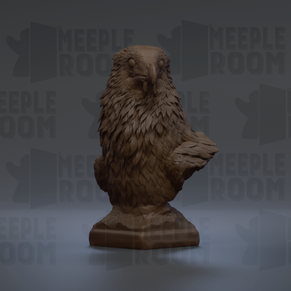 A 3D rendering of a bird statue, likely an eagle, sitting on a pedestal. The background features the text "MEUPLE ROOM" repeated multiple times.