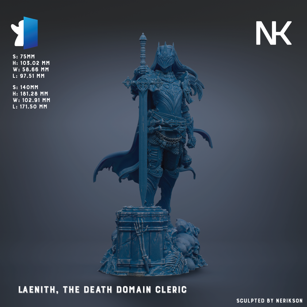 a figurine of a character from the video game Laenith: The Death Domain Cleric, standing on a pedestal and holding a sword.