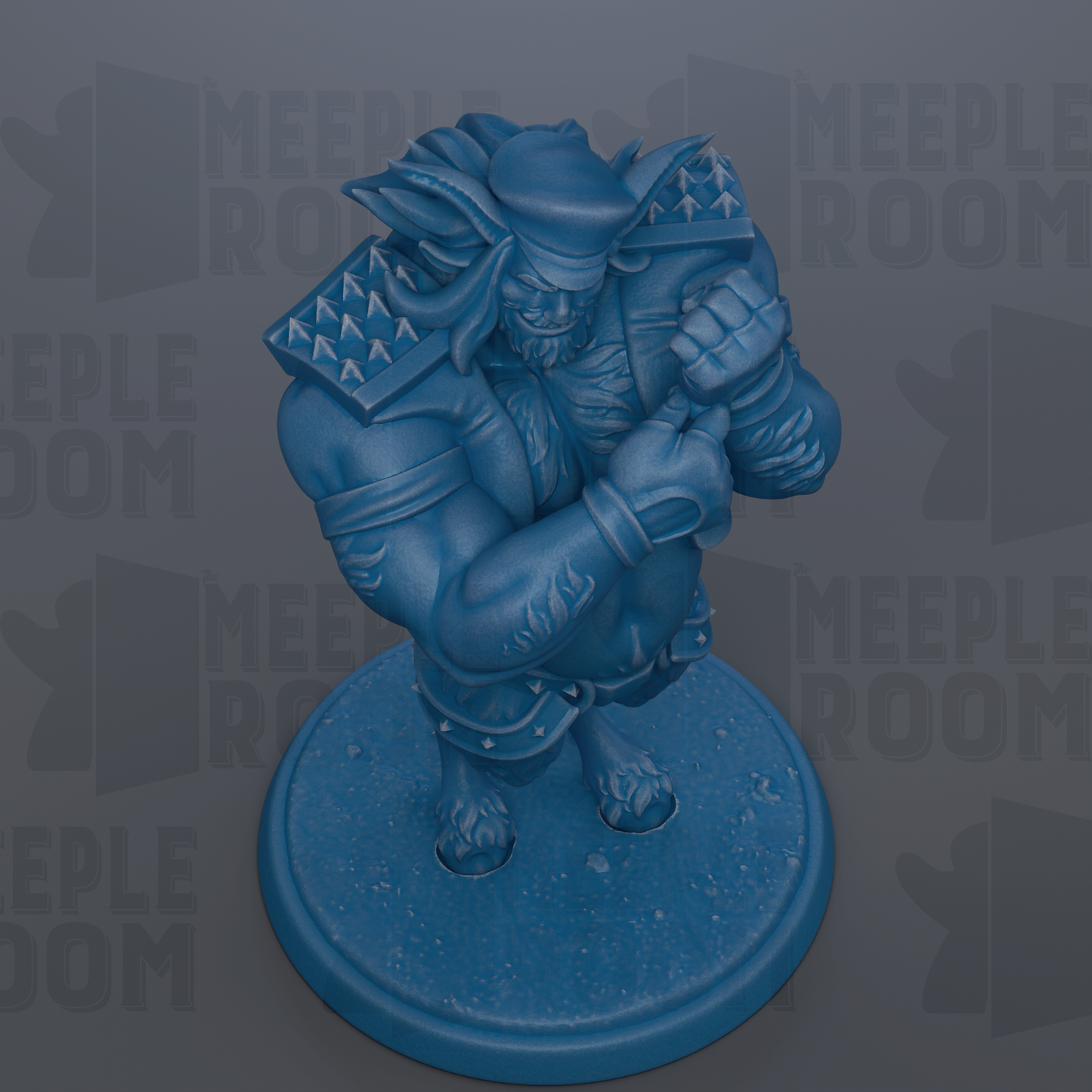 A blue figurine of a muscular, armored character with a pointed hat and battle-ready stance, standing on a circular base.