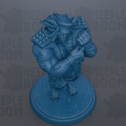 A blue figurine of a muscular, armored character with a pointed hat and battle-ready stance, standing on a circular base.