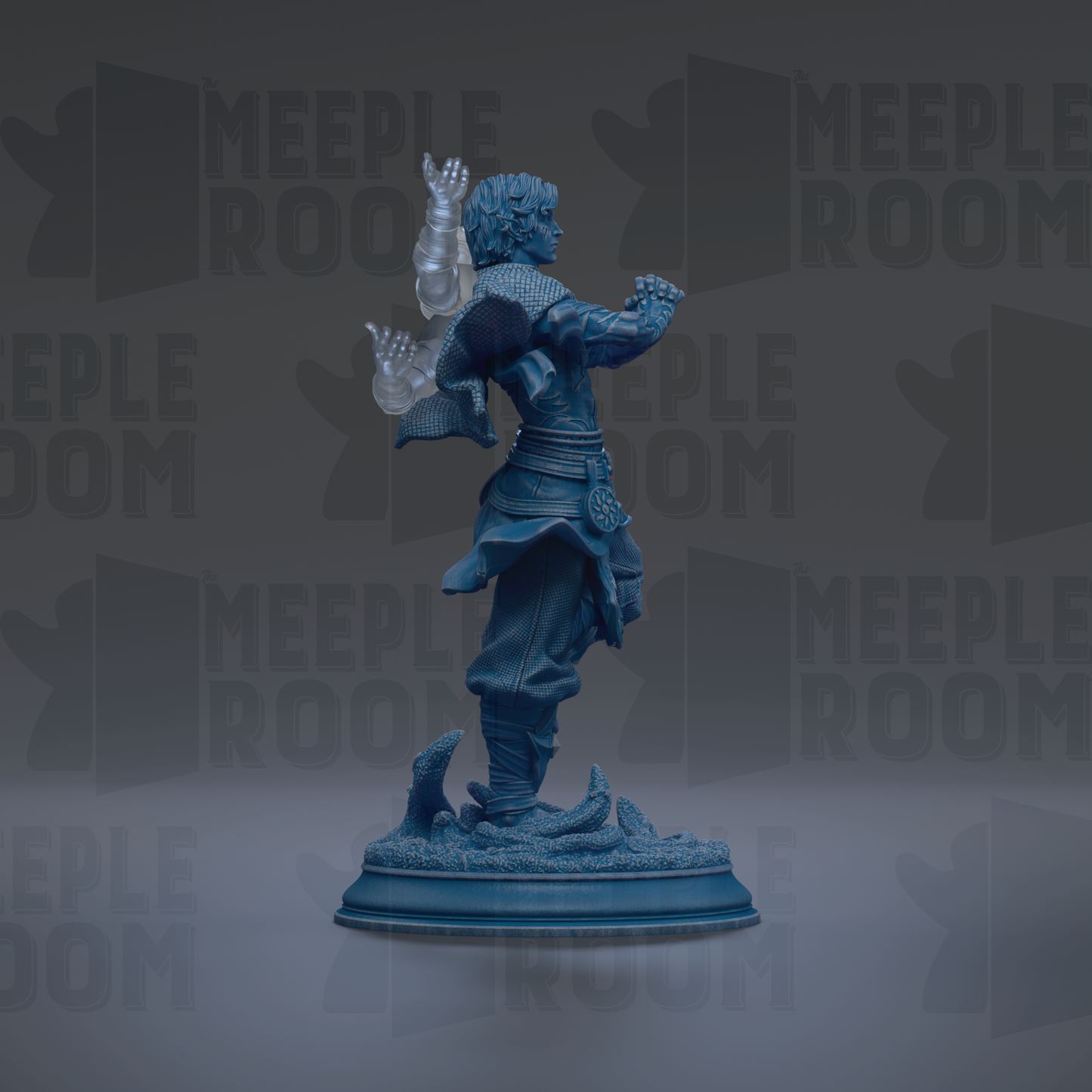 A blue statue of a person standing on a pedestal against a dark background with repeated text.