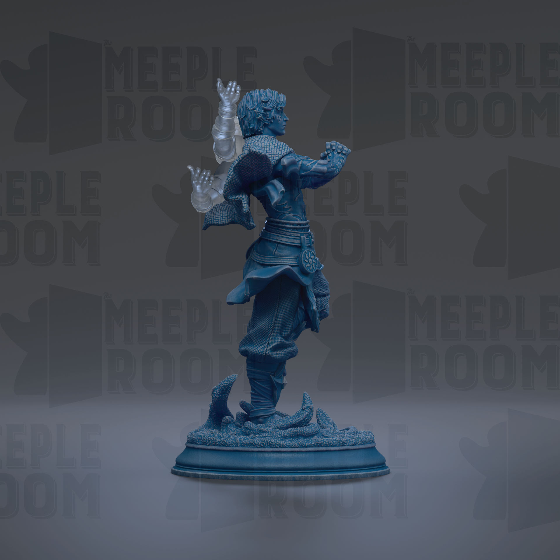 A blue statue of a person standing on a pedestal against a dark background with repeated text.