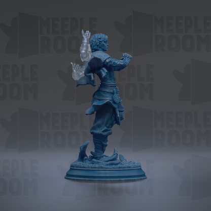 A blue statue of a person standing on a pedestal against a dark background with repeated text.