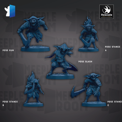 five blue figurines of fantastical creatures, each with unique poses and weapons, arranged in a grid-like pattern against a dark background.