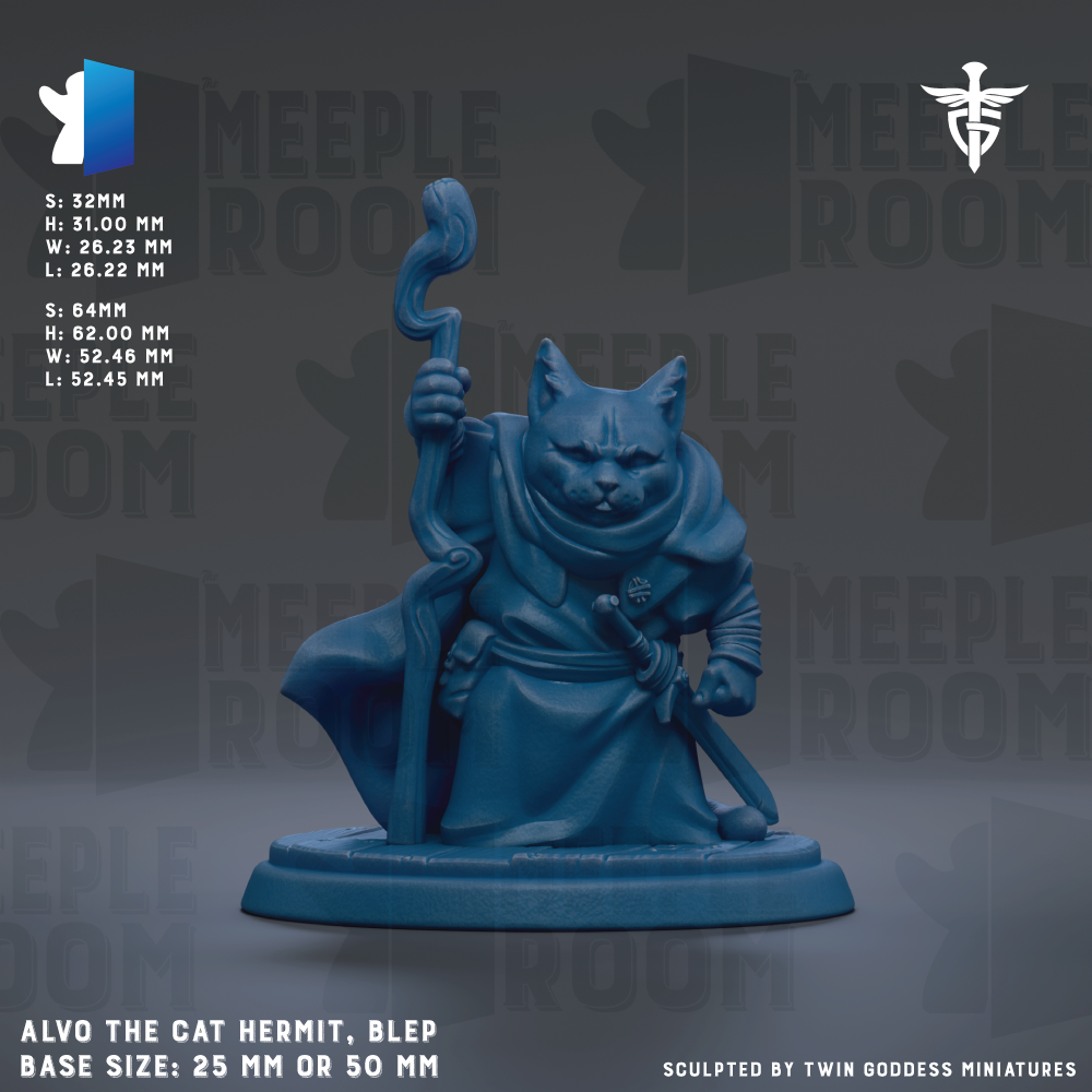 The image is a figurine of a cat, specifically the character Alvo the Cat Hermit, depicted in a blue color. The figurine is shown in a dynamic pose, holding a staff and a staff-like object. The figurine is set against a dark background, which emphasizes its details and features. The figurine is described as a base size of 25mm or 50mm, and it is sculpted by Twin Goddess miniatures.