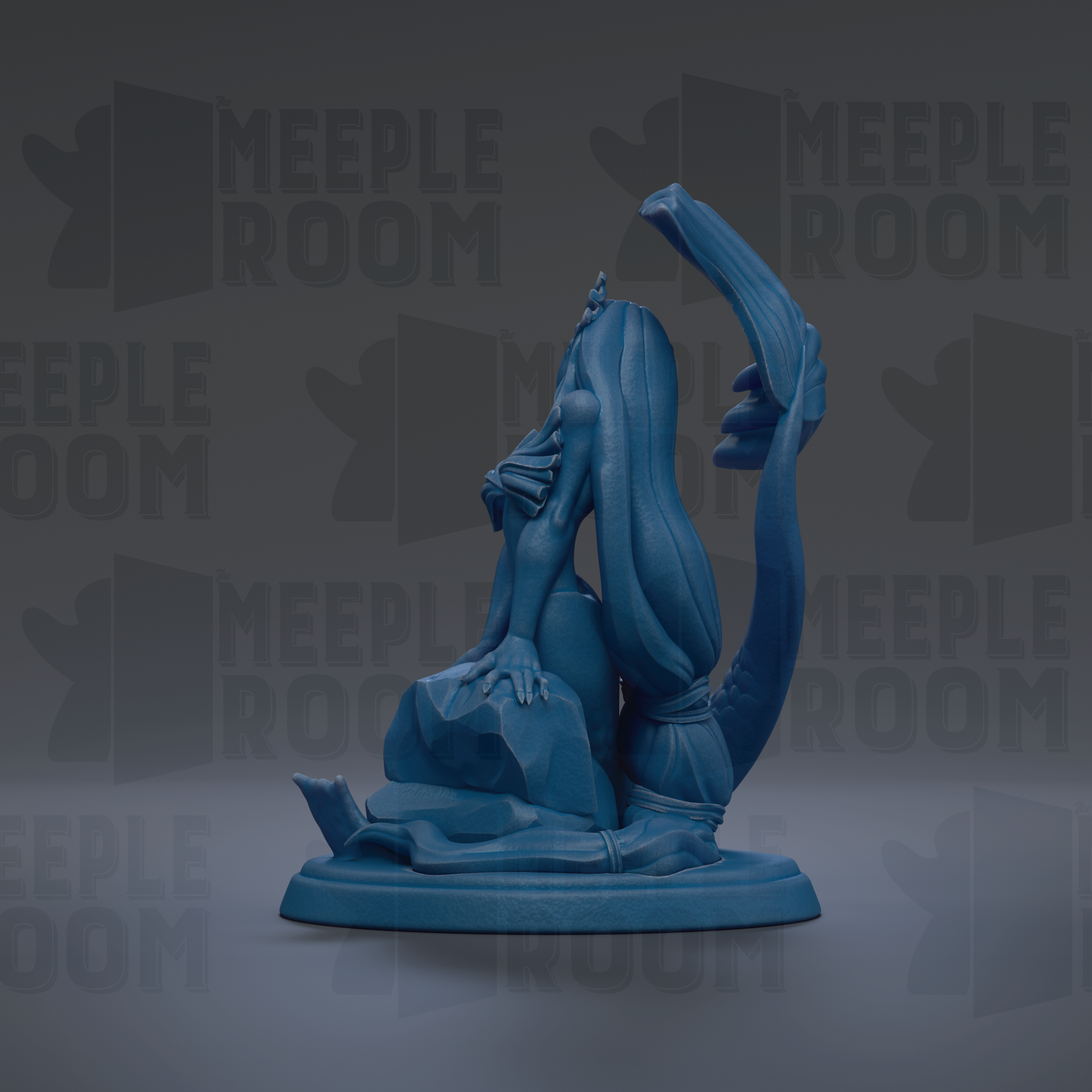A blue figurine of a woman sitting on a rock, with the text "MEUPLE ROOM" repeated in the background.