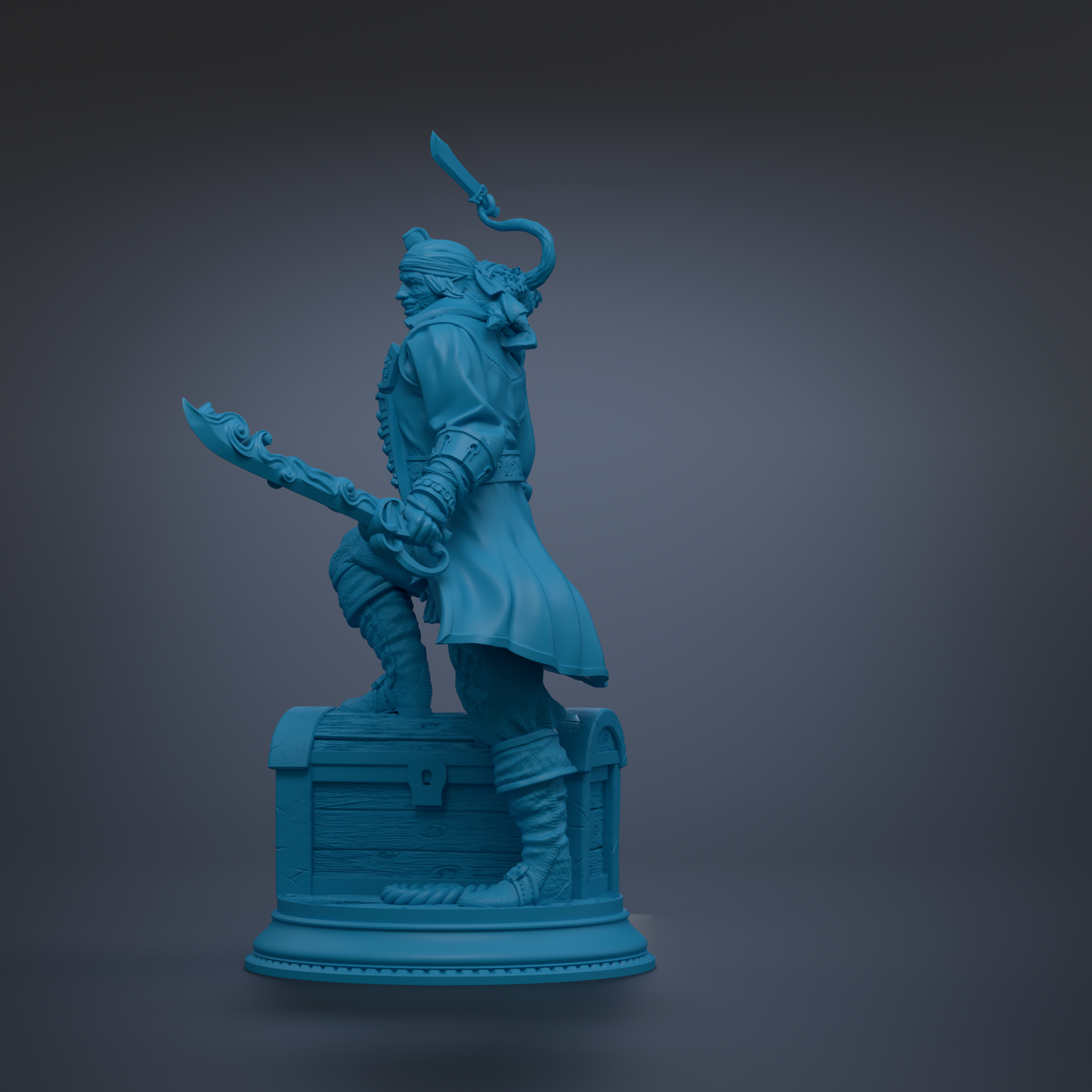 A blue statue of a pirate standing on a chest, holding a sword and wearing a hat.