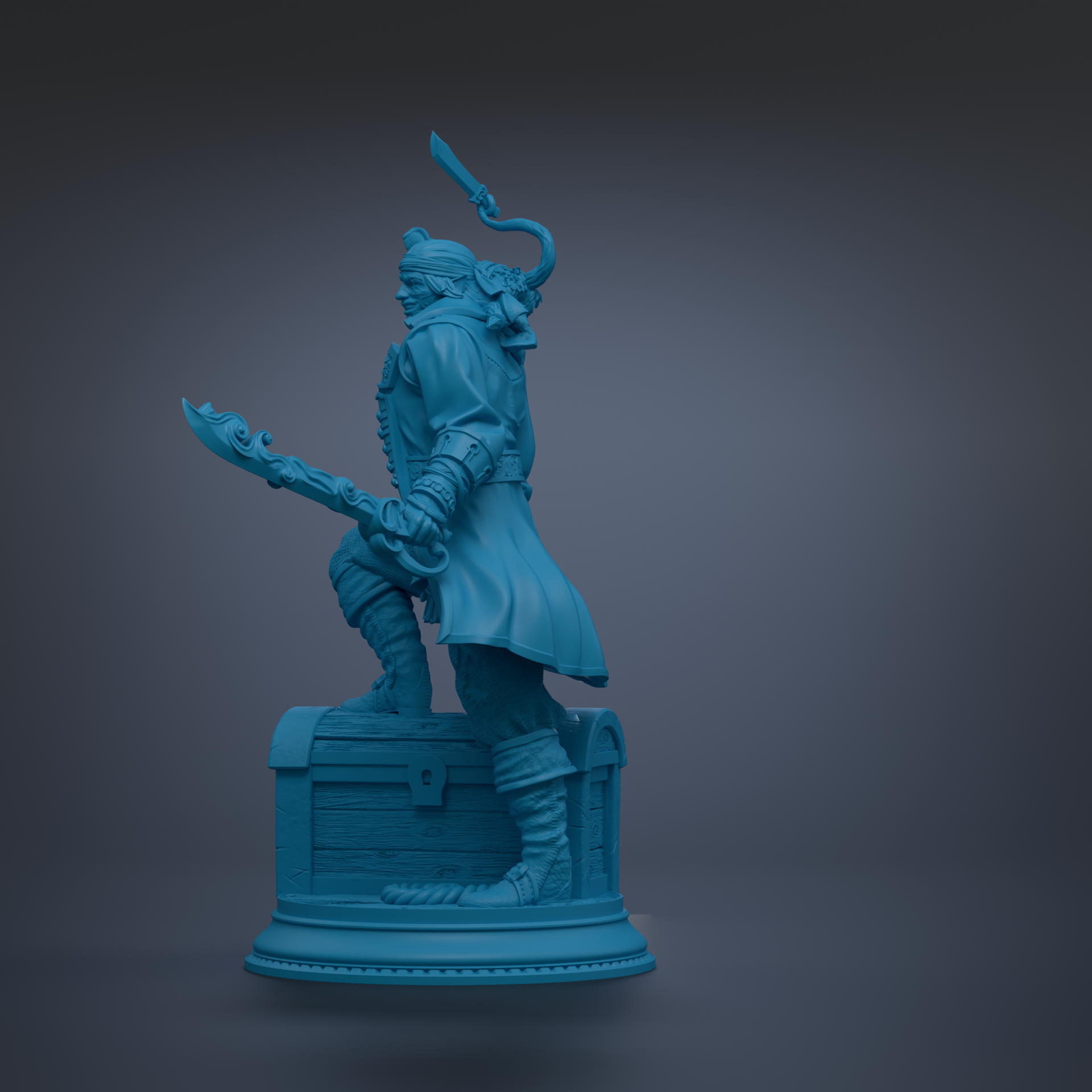A blue statue of a pirate standing on a chest, holding a sword and wearing a hat.