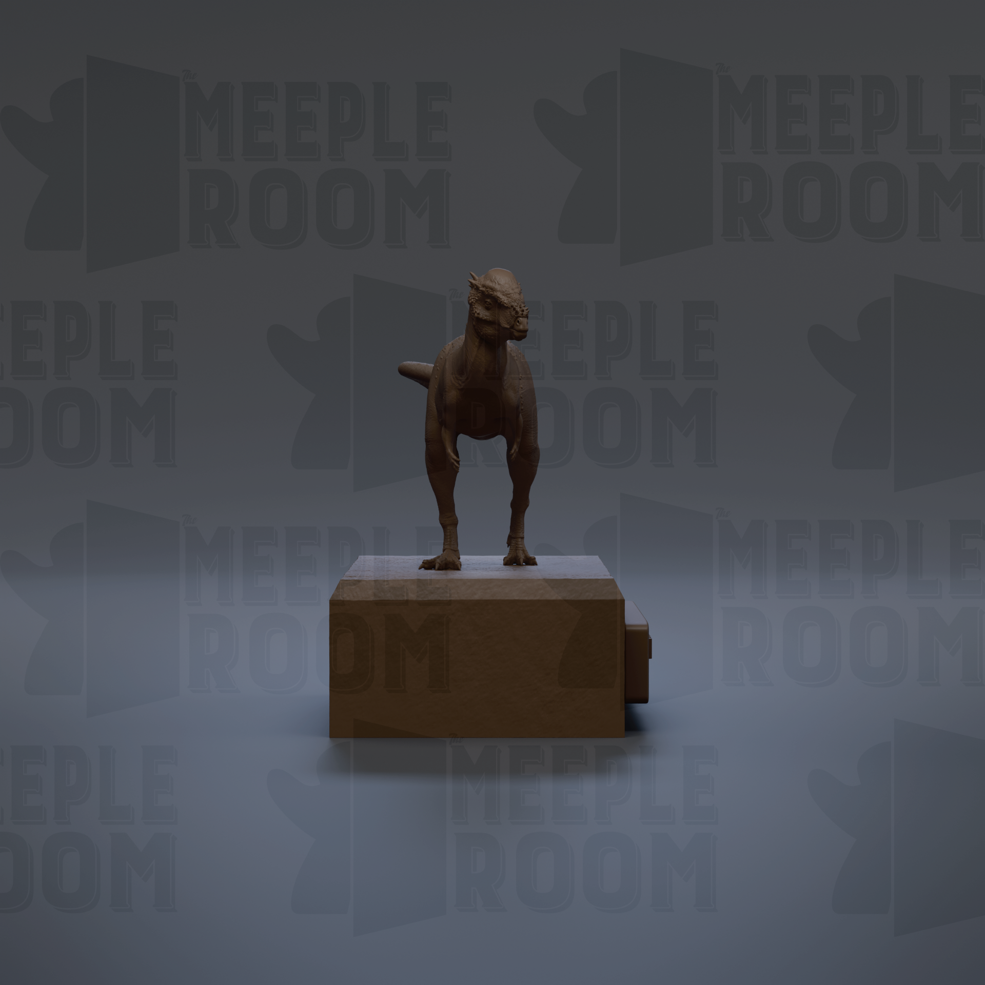 A 3D rendering of a dinosaur statue standing on a rectangular platform against a gray background with repeated text.