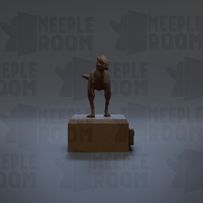 A 3D rendering of a dinosaur statue standing on a rectangular platform against a gray background with repeated text.