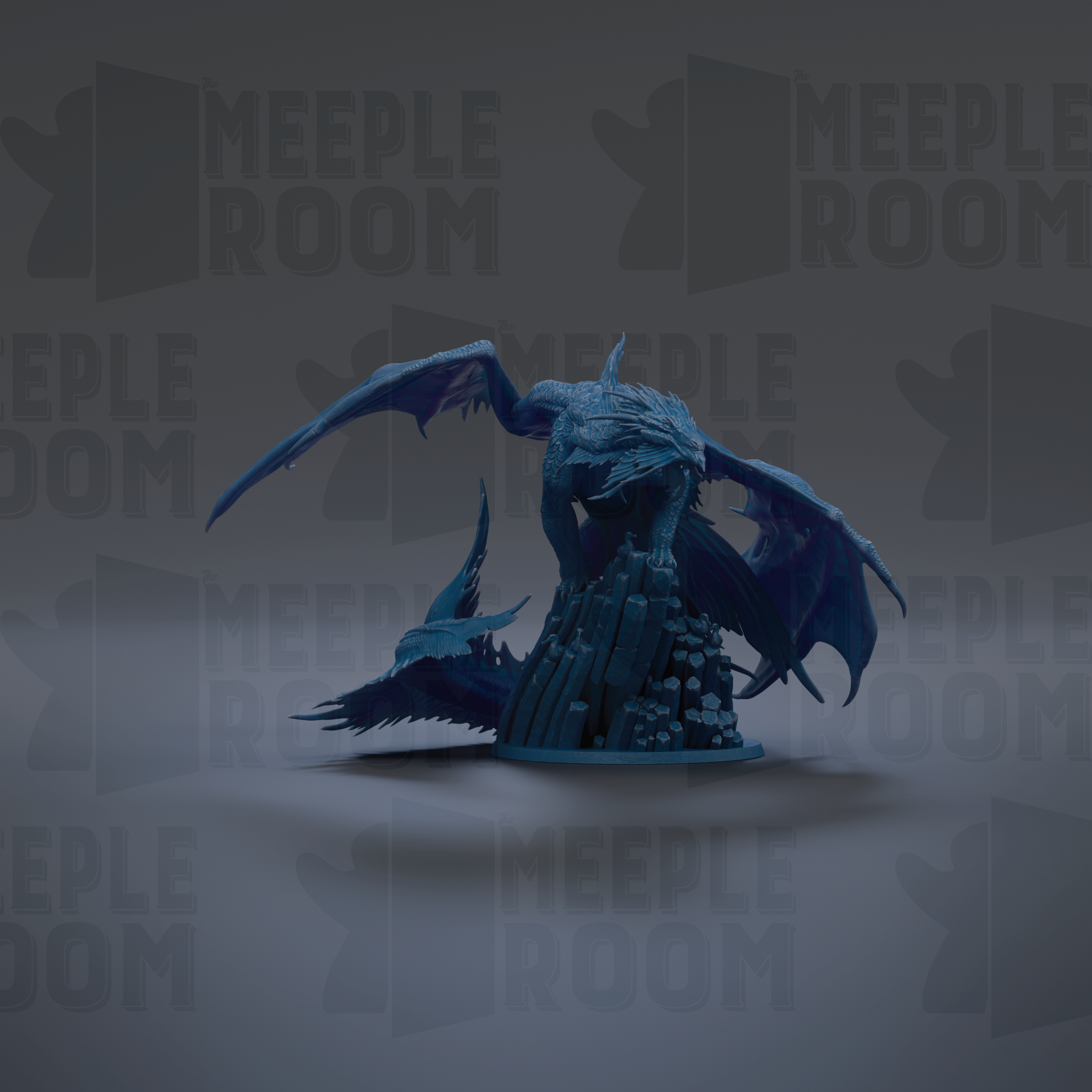A blue dragon figurine is displayed against a dark background with repeated text.