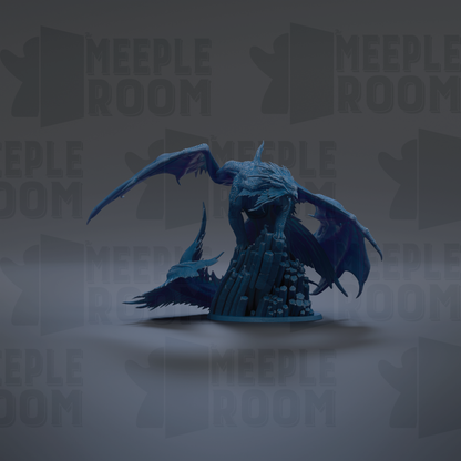 A blue dragon figurine is displayed against a dark background with repeated text.
