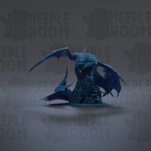 A blue dragon figurine is displayed against a dark background with repeated text.