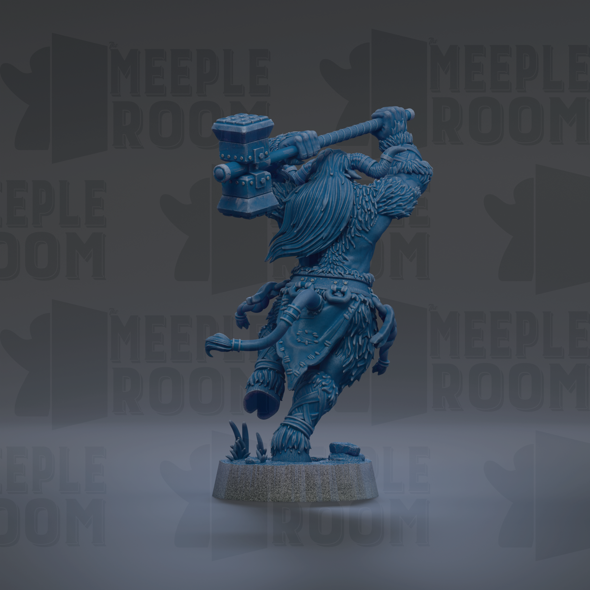 A blue figurine of a warrior wielding a large hammer, standing on a base and facing to the right.