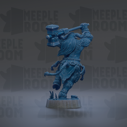 A blue figurine of a warrior wielding a large hammer, standing on a base and facing to the right.