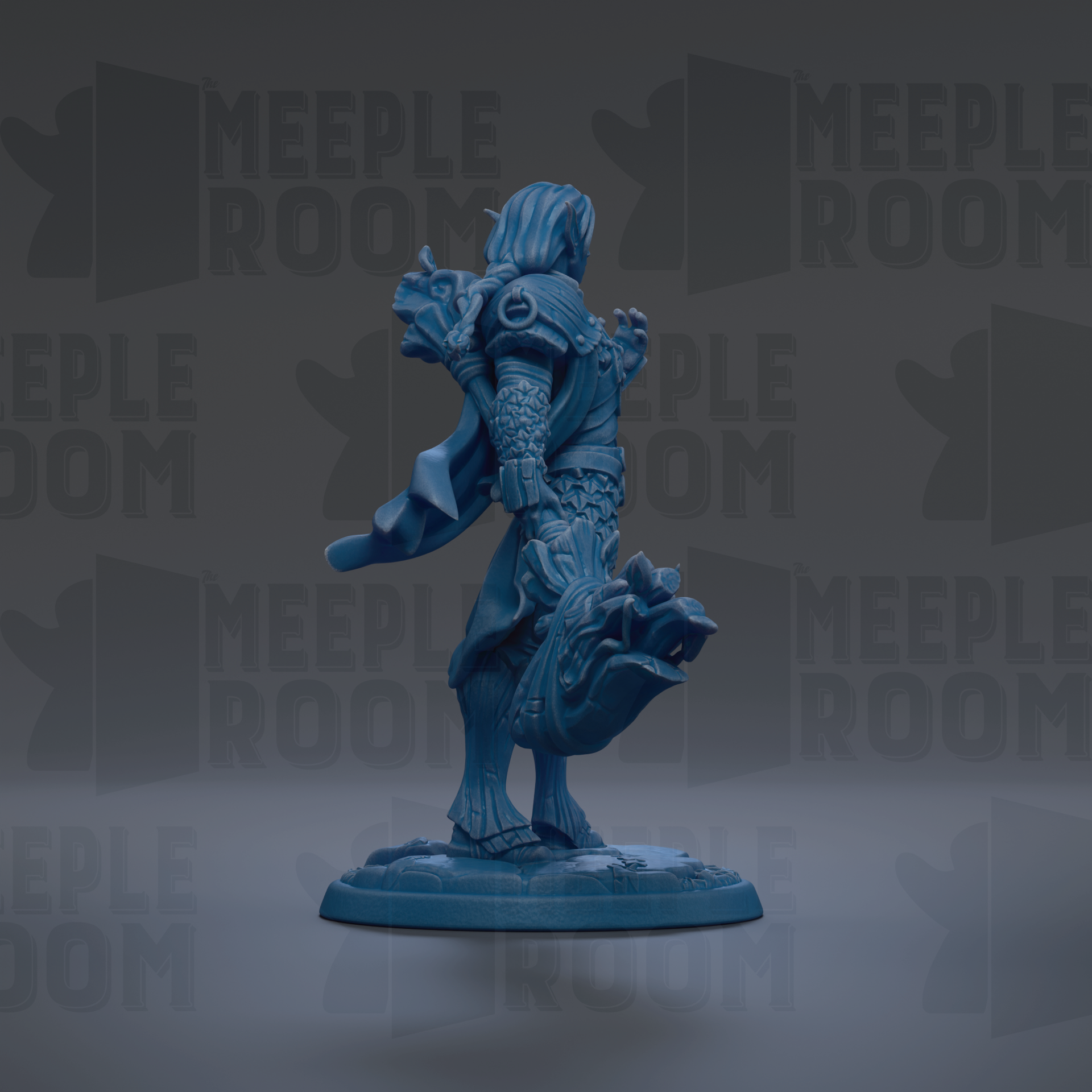 A blue figurine of a person standing on a platform, holding a dragon-like creature in their hands.