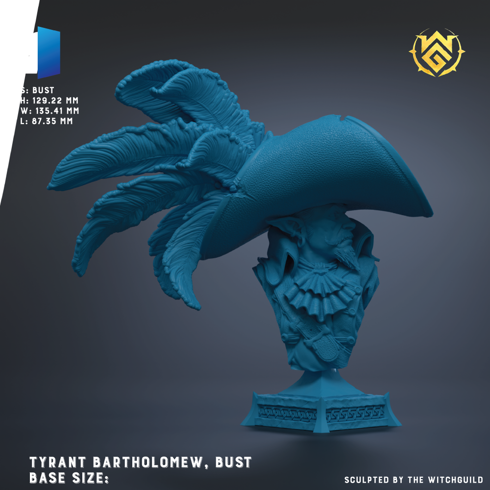 The image is a 3D rendering of a blue statue of a pirate's bust, featuring intricate details and a large hat.