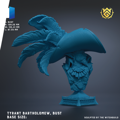 The image is a 3D rendering of a blue statue of a pirate's bust, featuring intricate details and a large hat.