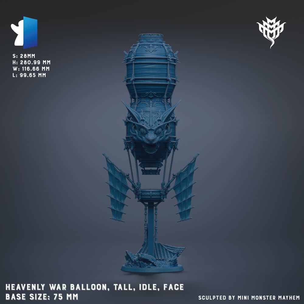 The image is a 3D rendering of a blue war balloon sculpture, featuring a tall, intricate design with wings and a face. The base size of the sculpture is 75 millimeters.