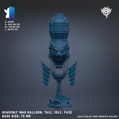 The image is a 3D rendering of a blue war balloon sculpture, featuring a tall, intricate design with wings and a face. The base size of the sculpture is 75 millimeters.