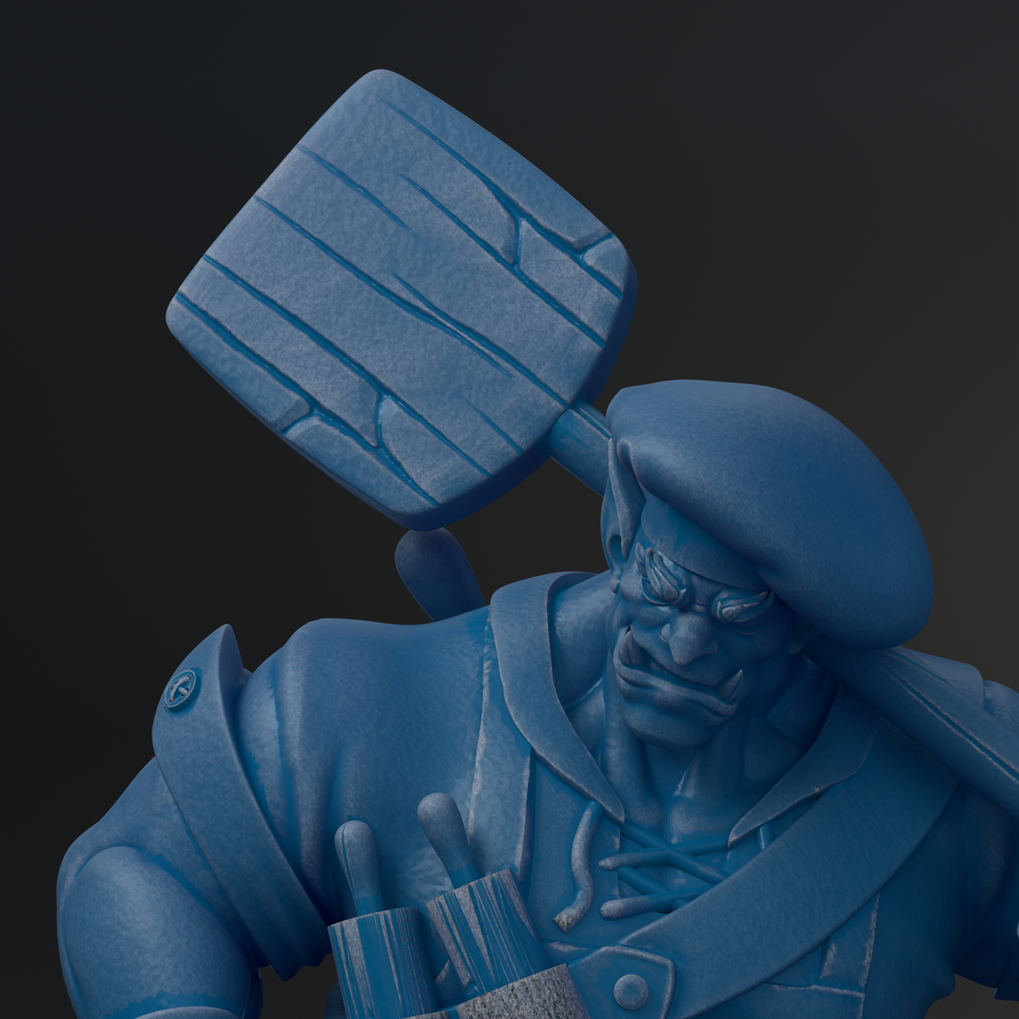 A close-up of a blue statue depicting a man with a stern expression, holding a large blue object in his hand.