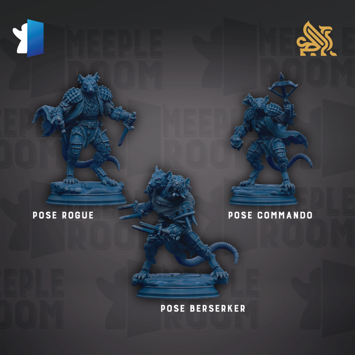 three blue figurines of characters from the video game Meeple Room, each with unique poses and poses.