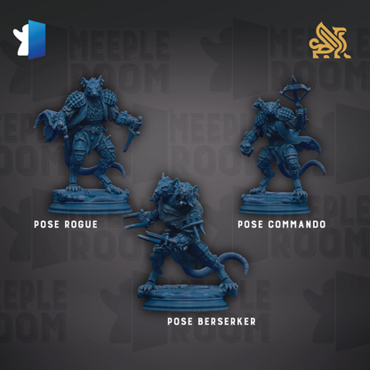 three blue figurines of characters from the video game Meeple Room, each with unique poses and poses.