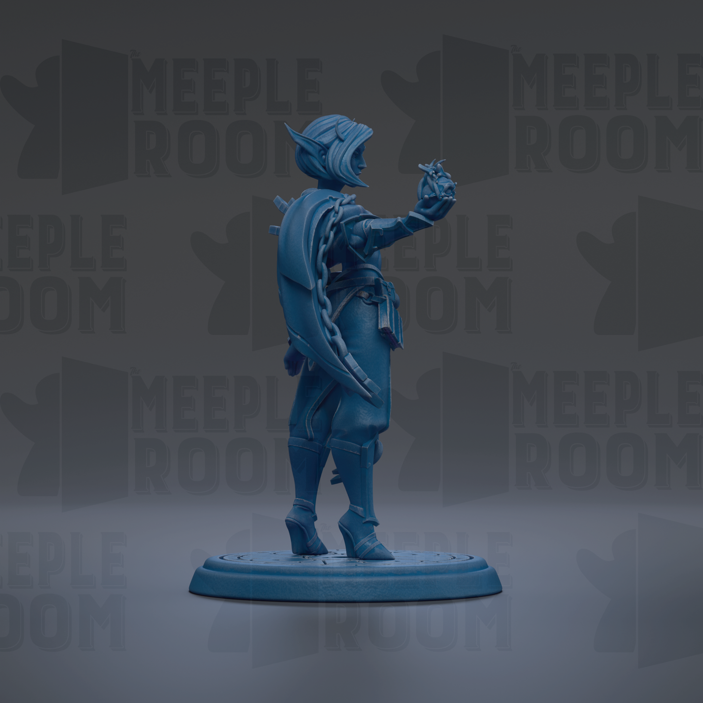 A blue figurine of a person standing on a platform, with the text "MEUPLE ROOM" repeated in the background.