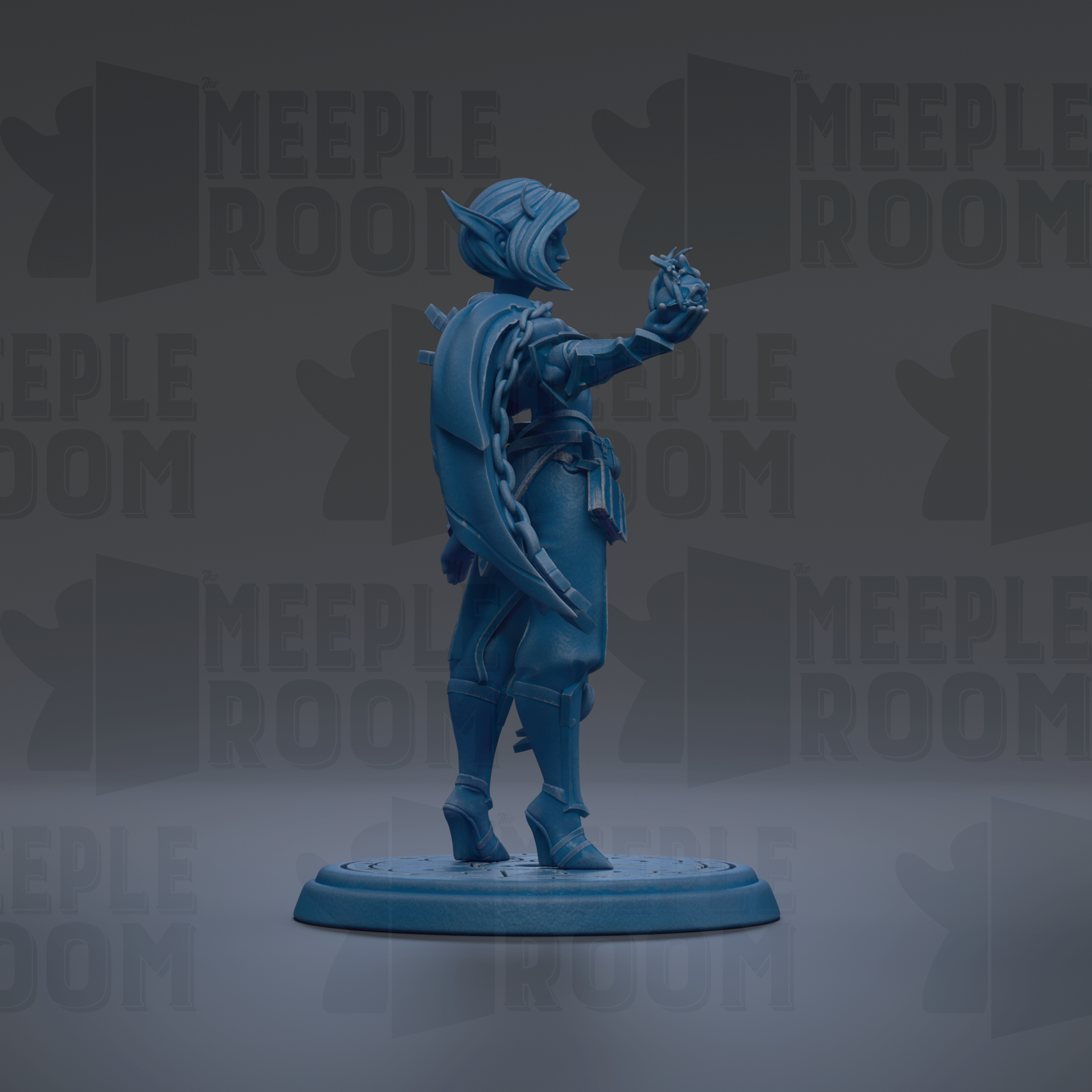 A blue figurine of a person standing on a platform, with the text "MEUPLE ROOM" repeated in the background.
