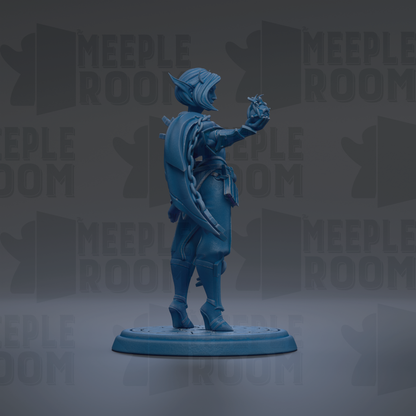 A blue figurine of a person standing on a platform, with the text "MEUPLE ROOM" repeated in the background.