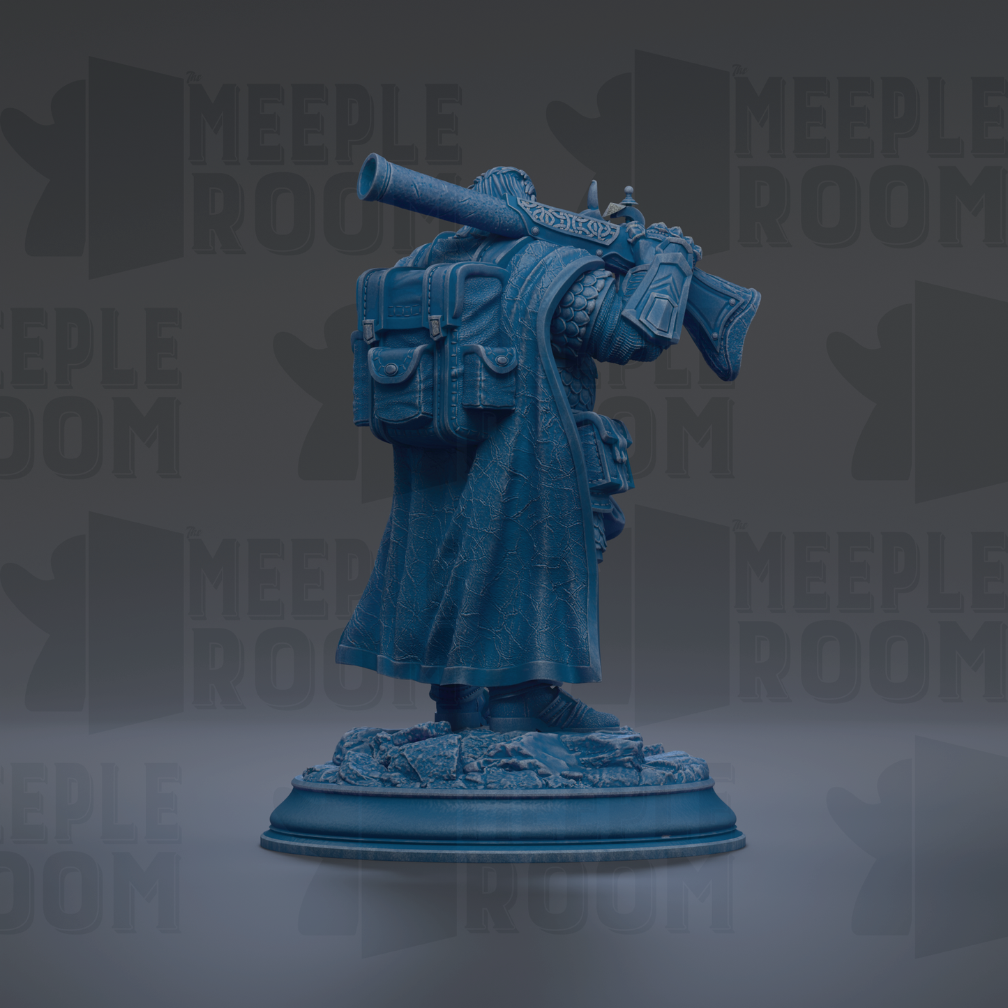 A blue statue of a person holding a rifle and wearing a backpack, standing on a base.