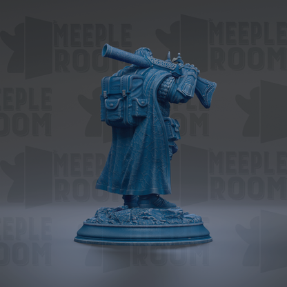 A blue statue of a person holding a rifle and wearing a backpack, standing on a base.