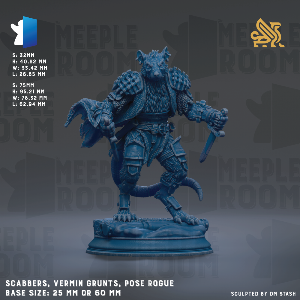 a detailed statue of a creature resembling a rat or mouse, with intricate armor and weapons. The statue is set against a dark background, and the text provides information about the statue's size and base.