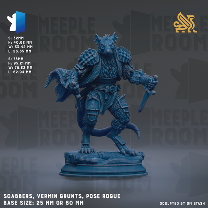 a detailed statue of a creature resembling a rat or mouse, with intricate armor and weapons. The statue is set against a dark background, and the text provides information about the statue's size and base.