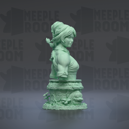 A green bust sculpture of a woman with a dragon-like creature on her shoulder, set against a dark background with repeated text.