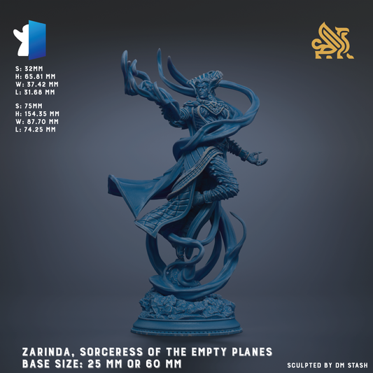 A blue, sculpted figure of a wizard or magical being, with flowing robes and wielding a staff, standing on a base of what appears to be a castle or other structure. The figure is depicted in a dynamic pose, with one arm extended and the other holding a staff. The image is described as a "ZARINDA, SORCERESS OF THE EMPTY PLANES" and is shown in various sizes, ranging from 25 to 60 millimeters. The image is described as a "Sculpted by DM Stash".