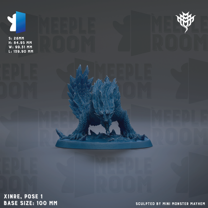 a blue, icy-looking creature with sharp teeth, standing on a base and positioned in a pose. The creature appears to be a miniature model, as indicated by the text "XINRE, POSE 1 BASE SIZE: 100 MM" and "SURPLTED BY MINI MONSTER MAYHEM".