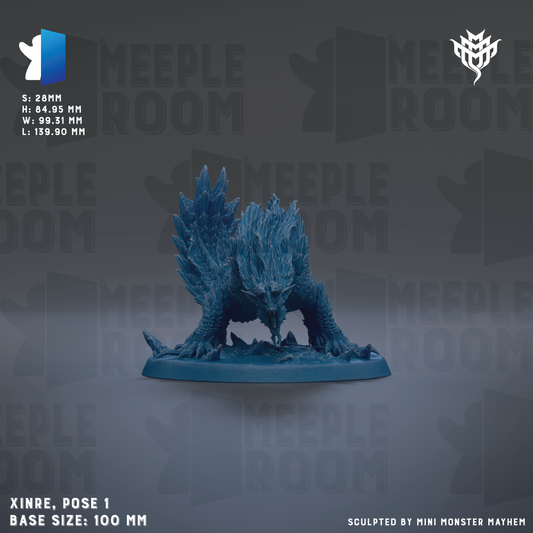 a blue, icy-looking creature with sharp teeth, standing on a base and positioned in a pose. The creature appears to be a miniature model, as indicated by the text "XINRE, POSE 1 BASE SIZE: 100 MM" and "SURPLTED BY MINI MONSTER MAYHEM".