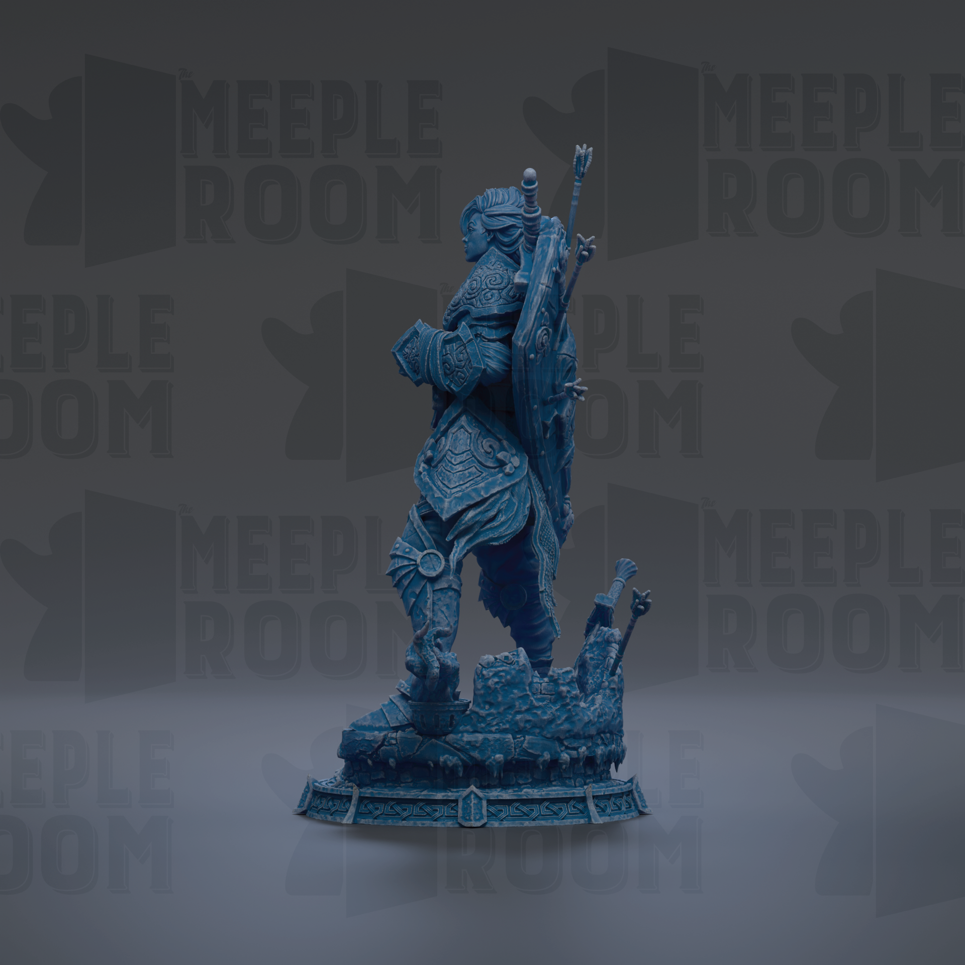 A blue statue of a warrior standing on a pedestal against a dark background with repeated text.