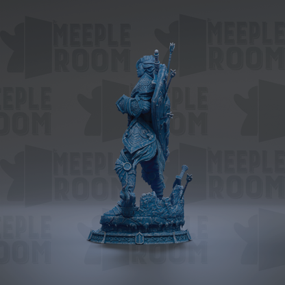 A blue statue of a warrior standing on a pedestal against a dark background with repeated text.