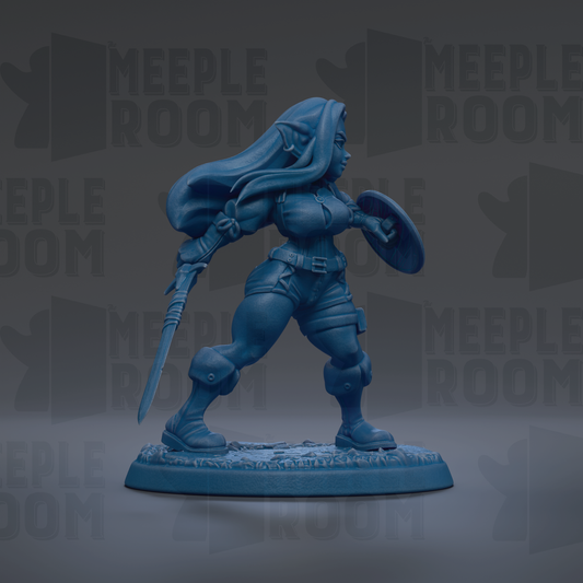 A blue figurine of a female character with long hair, wearing a helmet and holding a shield, standing on a base.