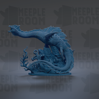 A blue, 3D-rendered dragon figurine is displayed against a dark background with repeated text.