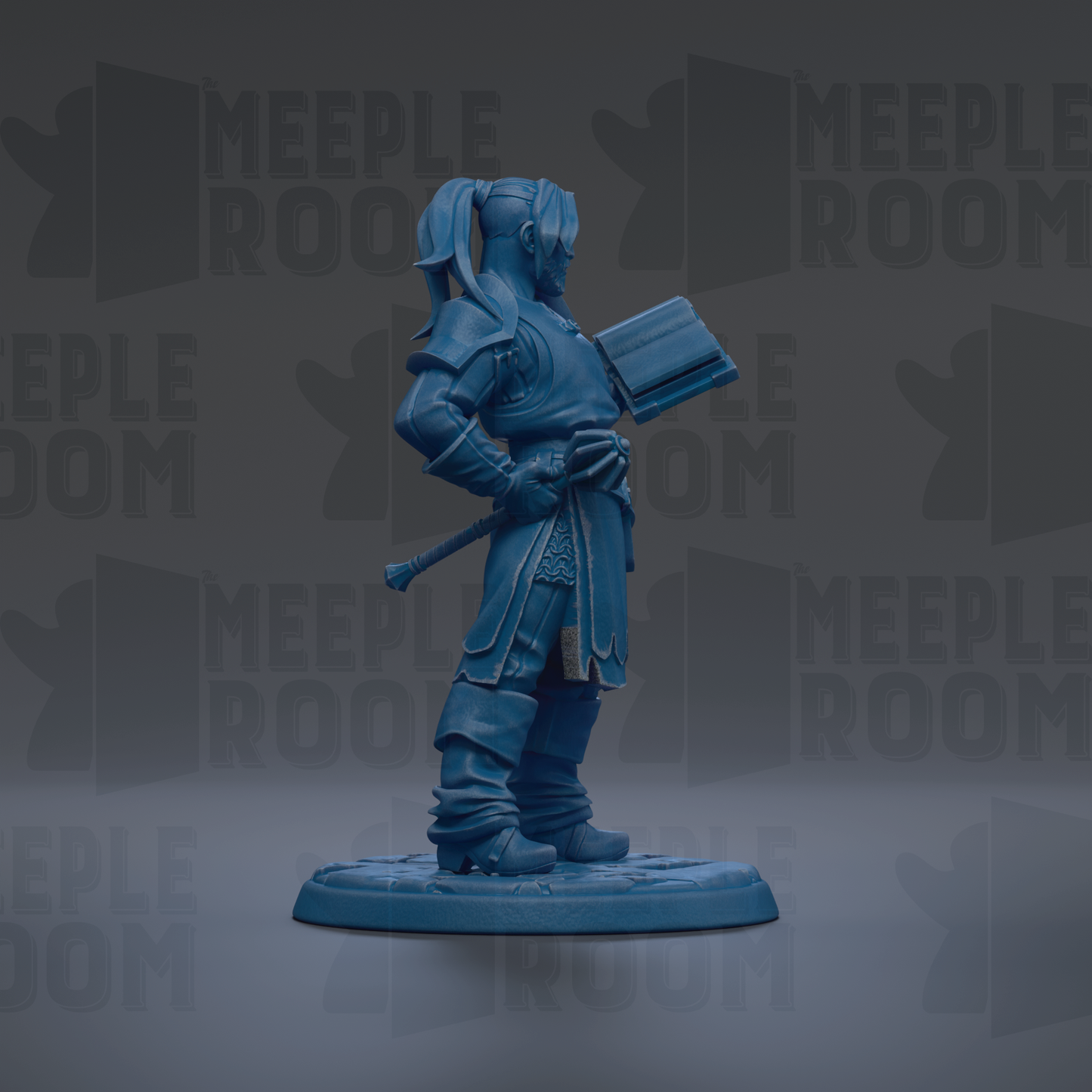 A blue figurine of a person standing and holding a book, with the text "MEUPLE ROOM" repeated in the background.