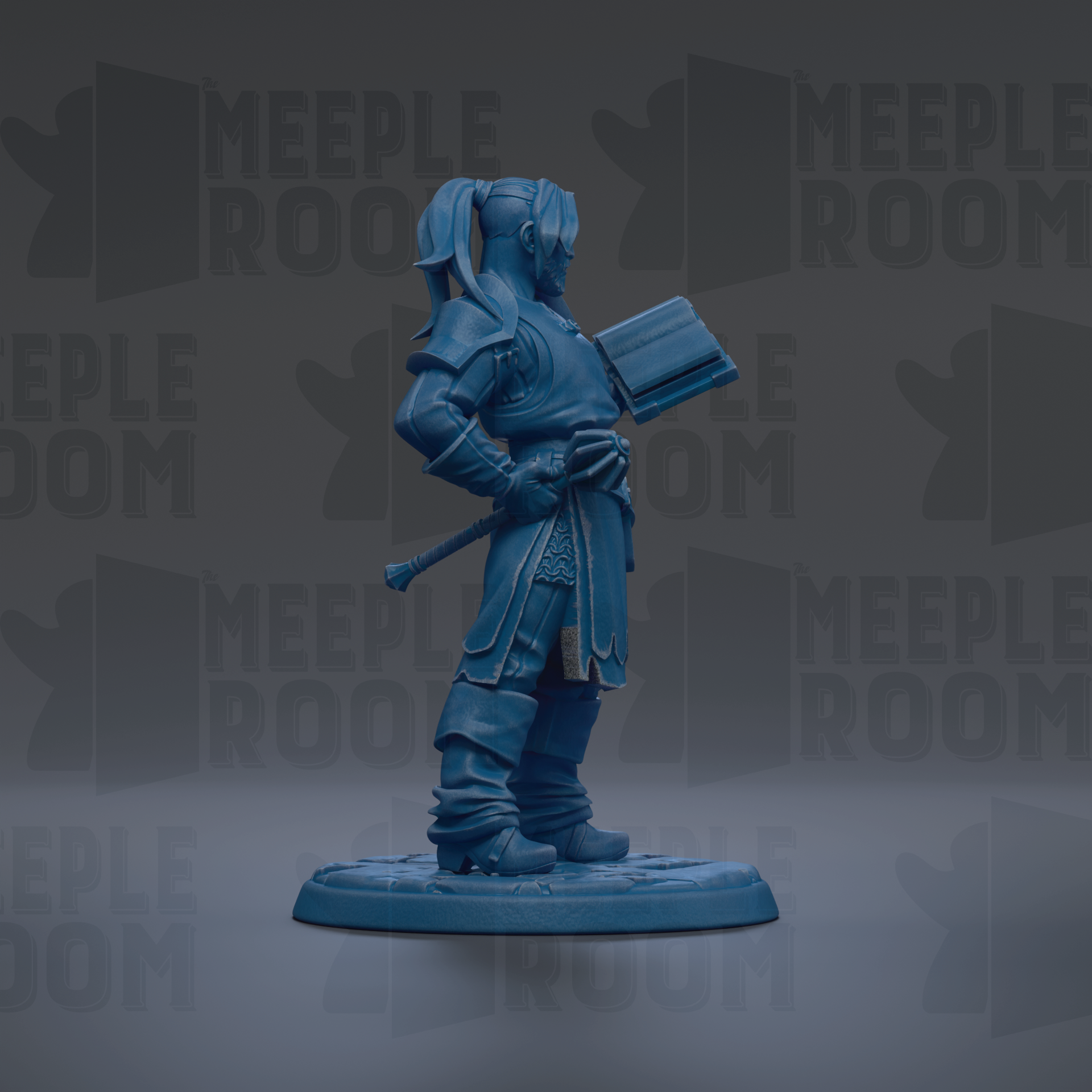 A blue figurine of a person standing and holding a book, with the text "MEUPLE ROOM" repeated in the background.