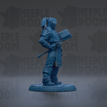 A blue figurine of a person standing and holding a book, with the text "MEUPLE ROOM" repeated in the background.