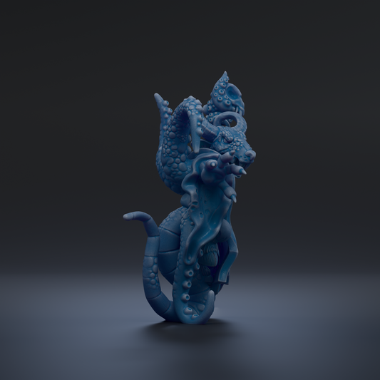 A 3D rendering of a blue, fantastical creature with intricate, organic shapes and patterns, standing on one leg against a dark background.
