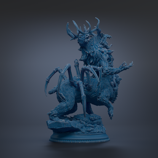 A detailed 3D rendering of a fantastical creature, possibly a spider-like creature with horns and sharp claws, standing on a rock formation.