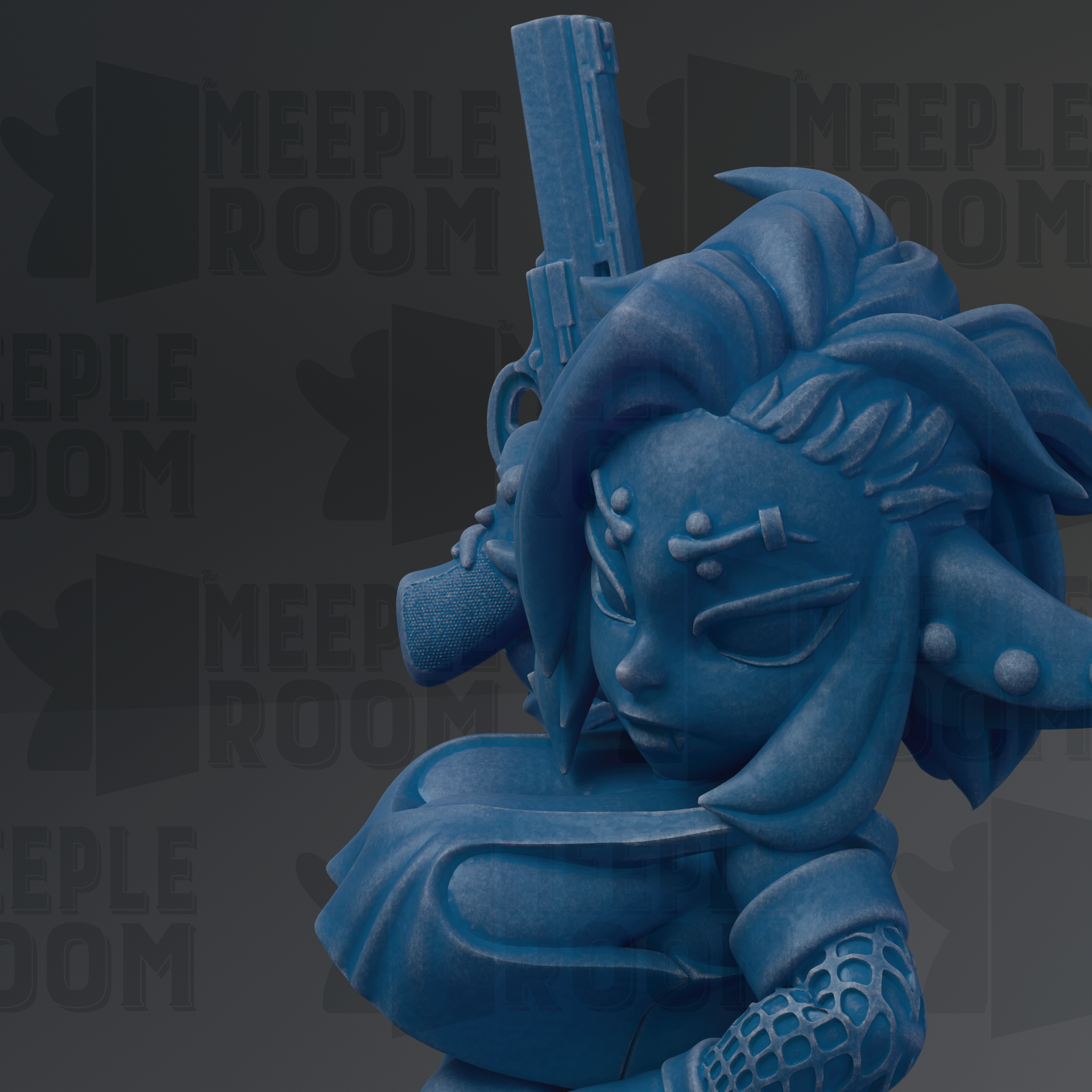 A blue, cartoonish character with a gun in its hand, set against a dark background with repeated text.