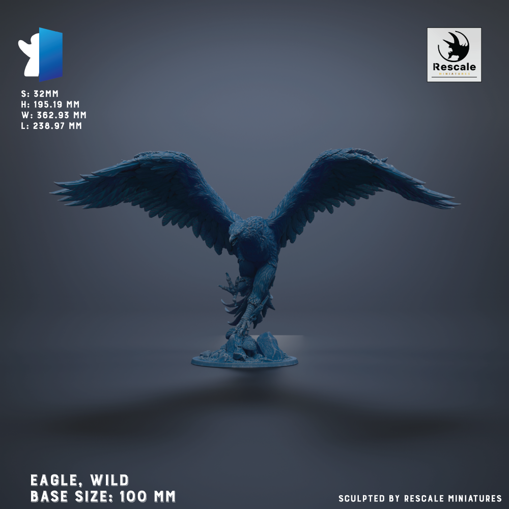 a large blue eagle statue with outstretched wings, standing on a base. The eagle is shown in a dynamic pose, with its wings spread wide. The base size of the statue is 100 millimeters. The image is a sculpture by Rescue Miniatures.