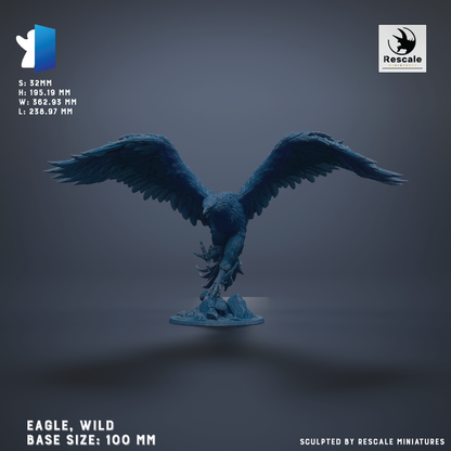 a large blue eagle statue with outstretched wings, standing on a base. The eagle is shown in a dynamic pose, with its wings spread wide. The base size of the statue is 100 millimeters. The image is a sculpture by Rescue Miniatures.